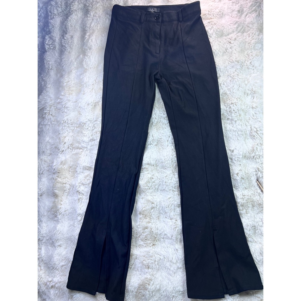 Lulus Black High Waisted Pintuck Flare Leg Slit Hem Trousers Pants Size M. A40